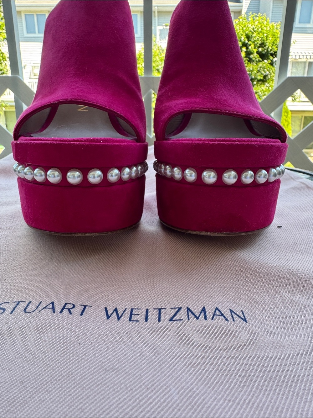 Stuart Weitzman SkyHigh Hot Pink Pearl-Trim Studded Platform Mules Sandals - Picture 2 of 8